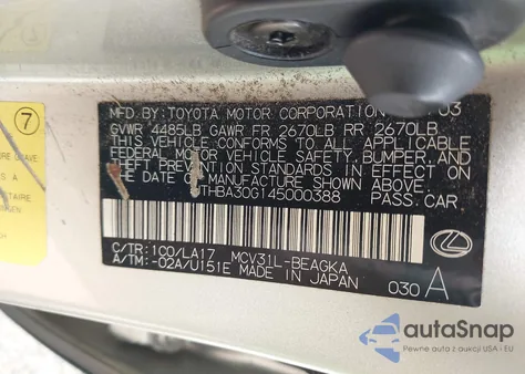 2004 Lexus Es 330 из США, поврежденный, VIN JTHBA30G145000388